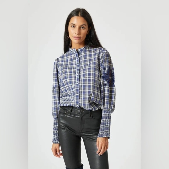 New! Tuckernuck x The Shirt by Rochelle Behrens Sandy Embroidered Plaid Top 💙 S - Picture 1 of 8